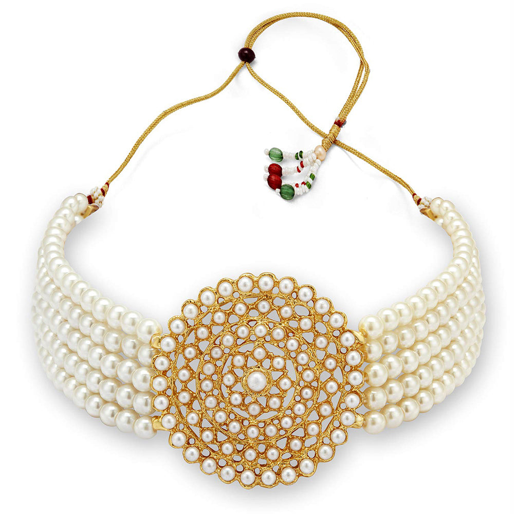 Kord Store Fabulous Gold Plated Pearl Choker Necklace Set for Women  - KSNKE60236_WHT
