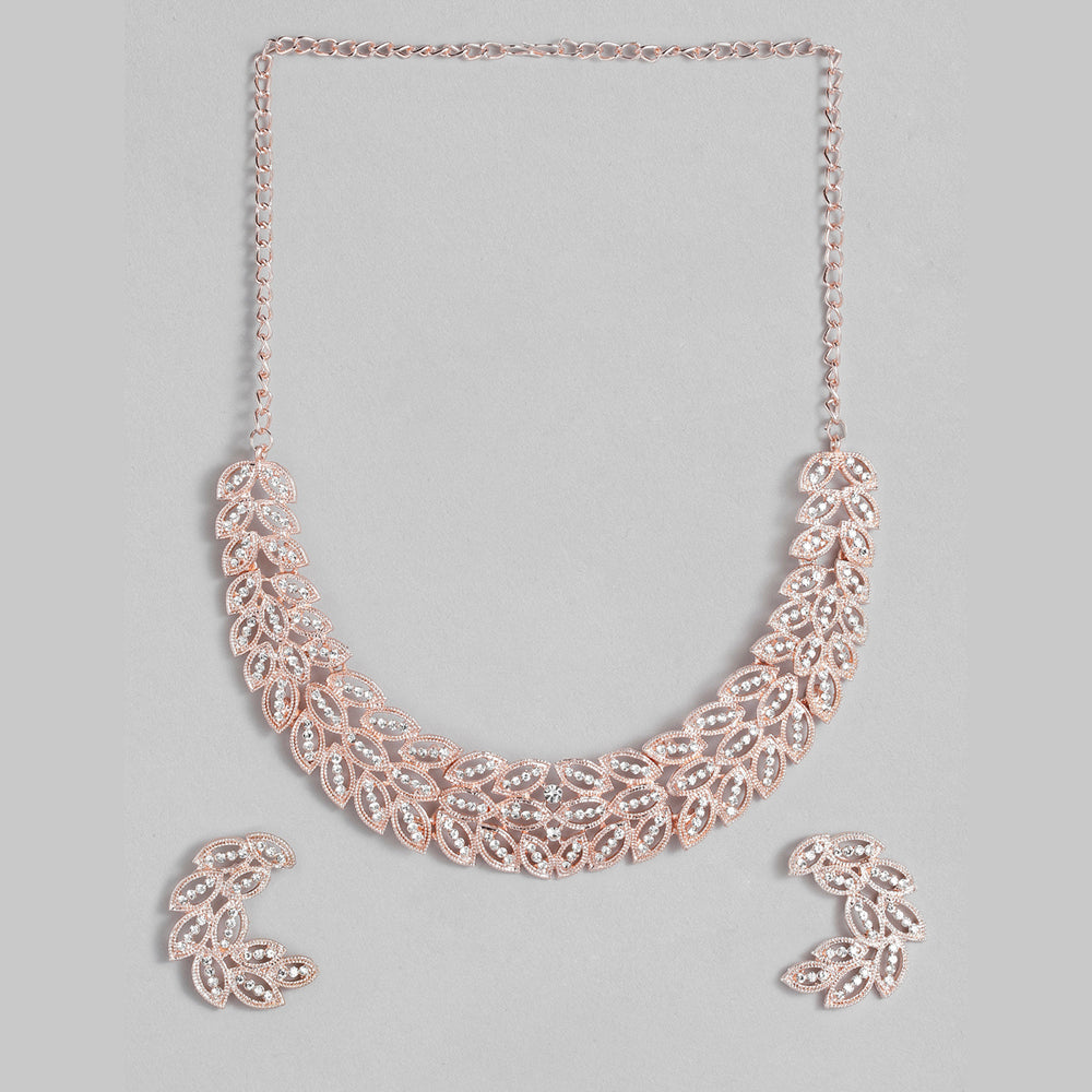 Kord Store Stylist Leaf Design Rose Gold Platted Australian Diamond Necklace set For Girls and Women