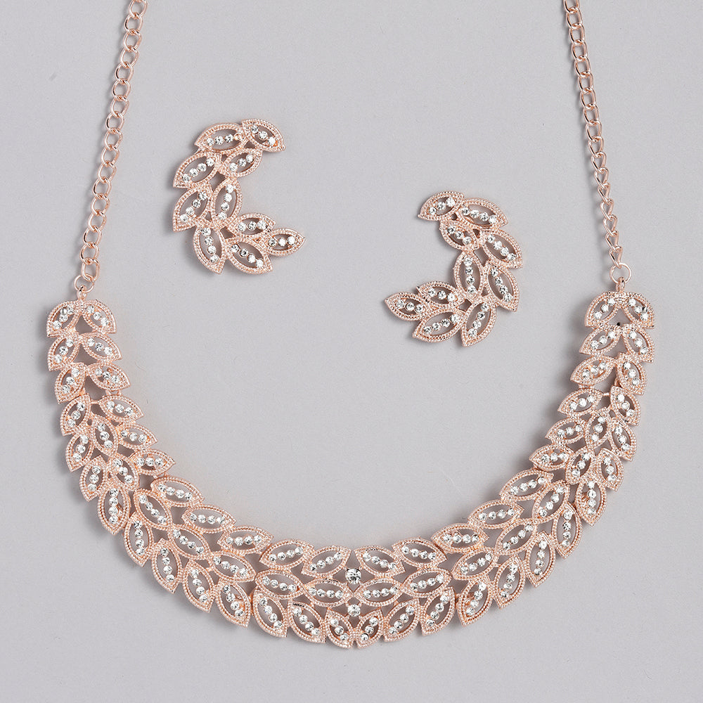 Kord Store Stylist Leaf Design Rose Gold Platted Australian Diamond Necklace set For Girls and Women