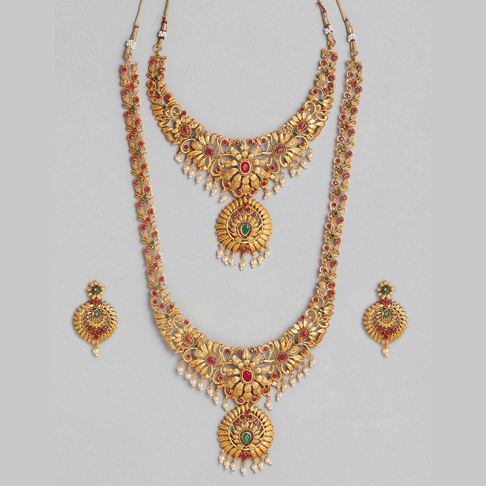 Kord Store South Indian Gold plated Ruby and Beads Necklace set With Rani Haar For Girls and Women