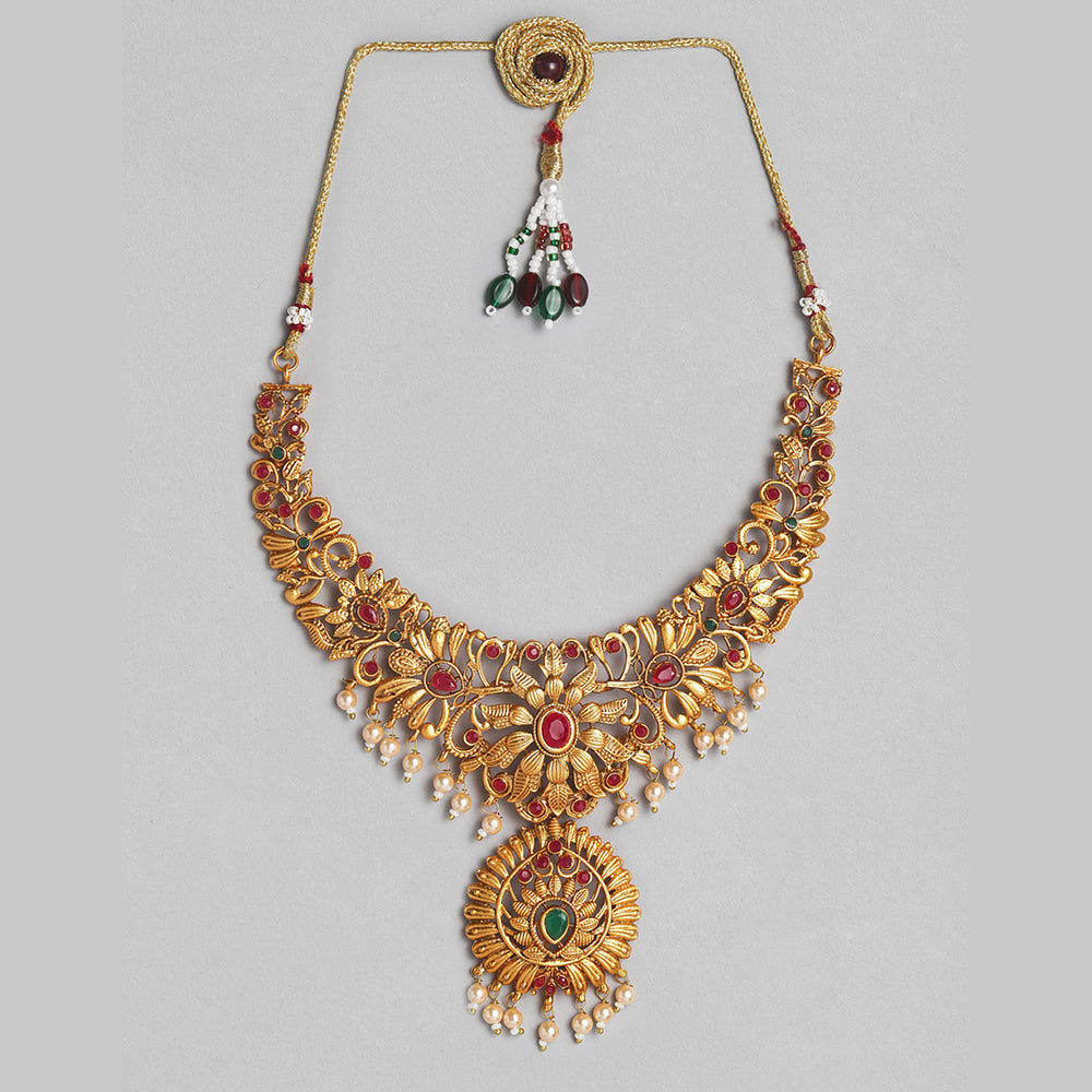 Kord Store South Indian Gold plated Ruby and Beads Necklace set With Rani Haar For Girls and Women