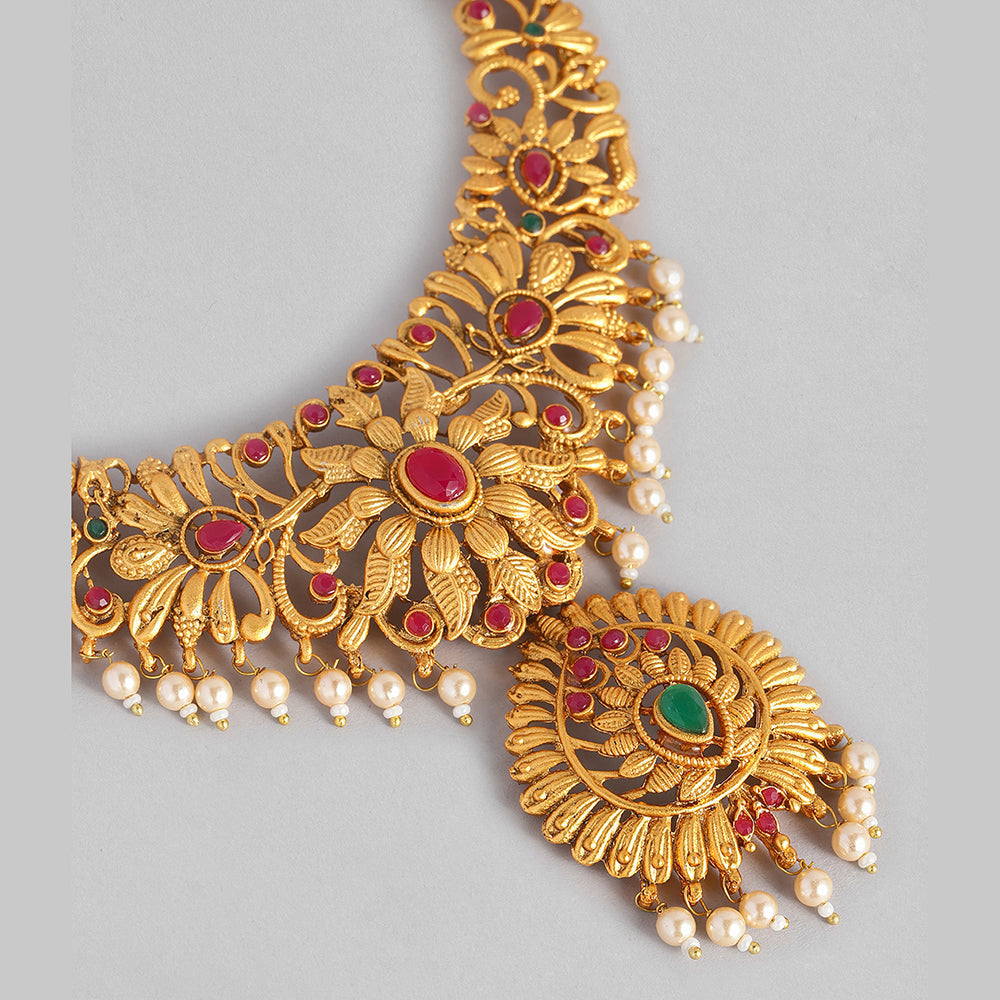 Kord Store South Indian Gold plated Ruby and Beads Necklace set With Rani Haar For Girls and Women