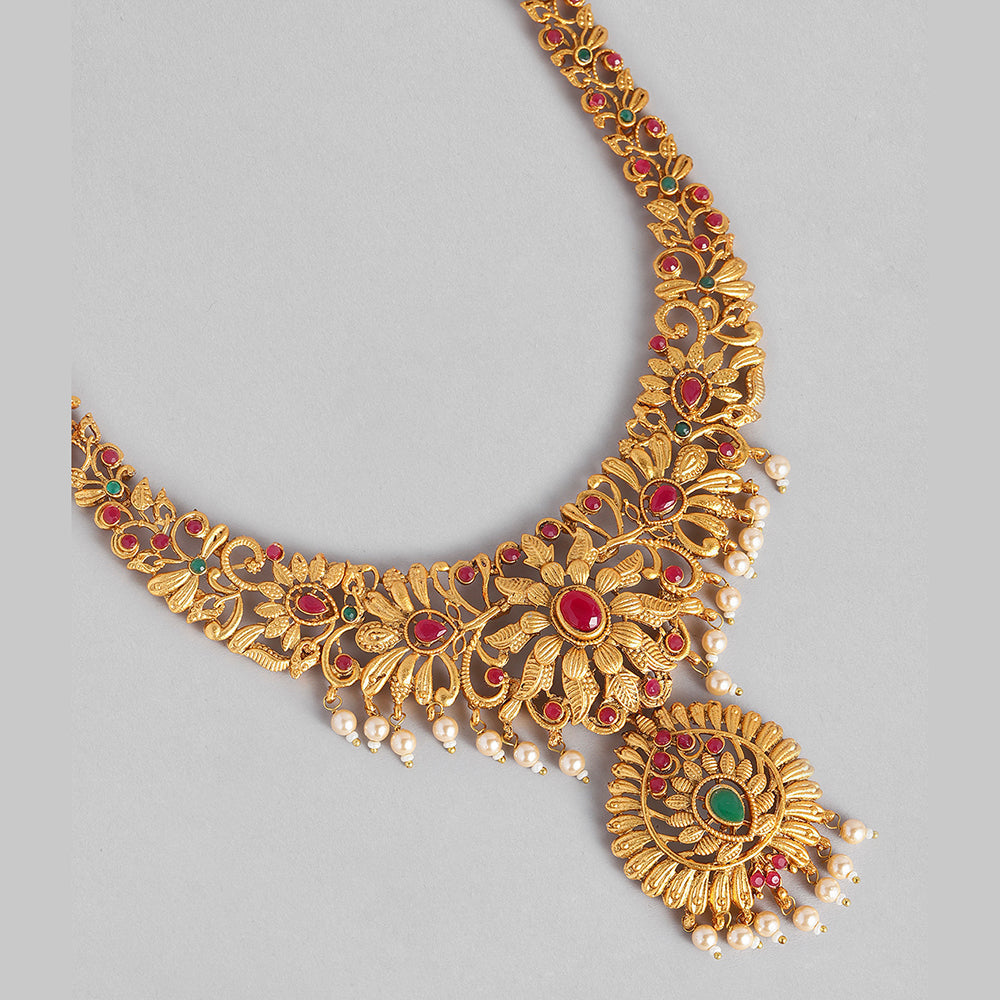 Kord Store South Indian Gold plated Ruby and Beads Necklace set With Rani Haar For Girls and Women