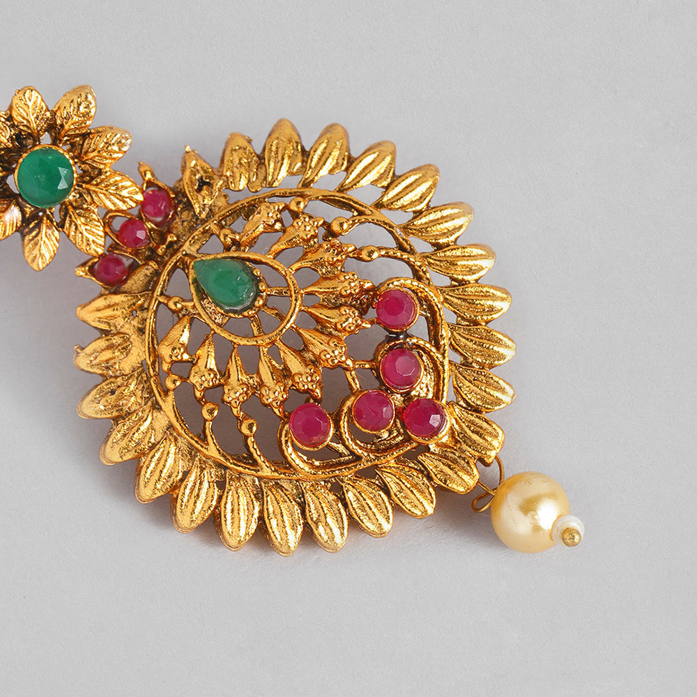 Kord Store South Indian Gold plated Ruby and Beads Necklace set With Rani Haar For Girls and Women