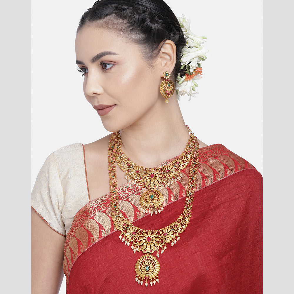 Kord Store South Indian Gold plated Ruby and Beads Necklace set With Rani Haar For Girls and Women