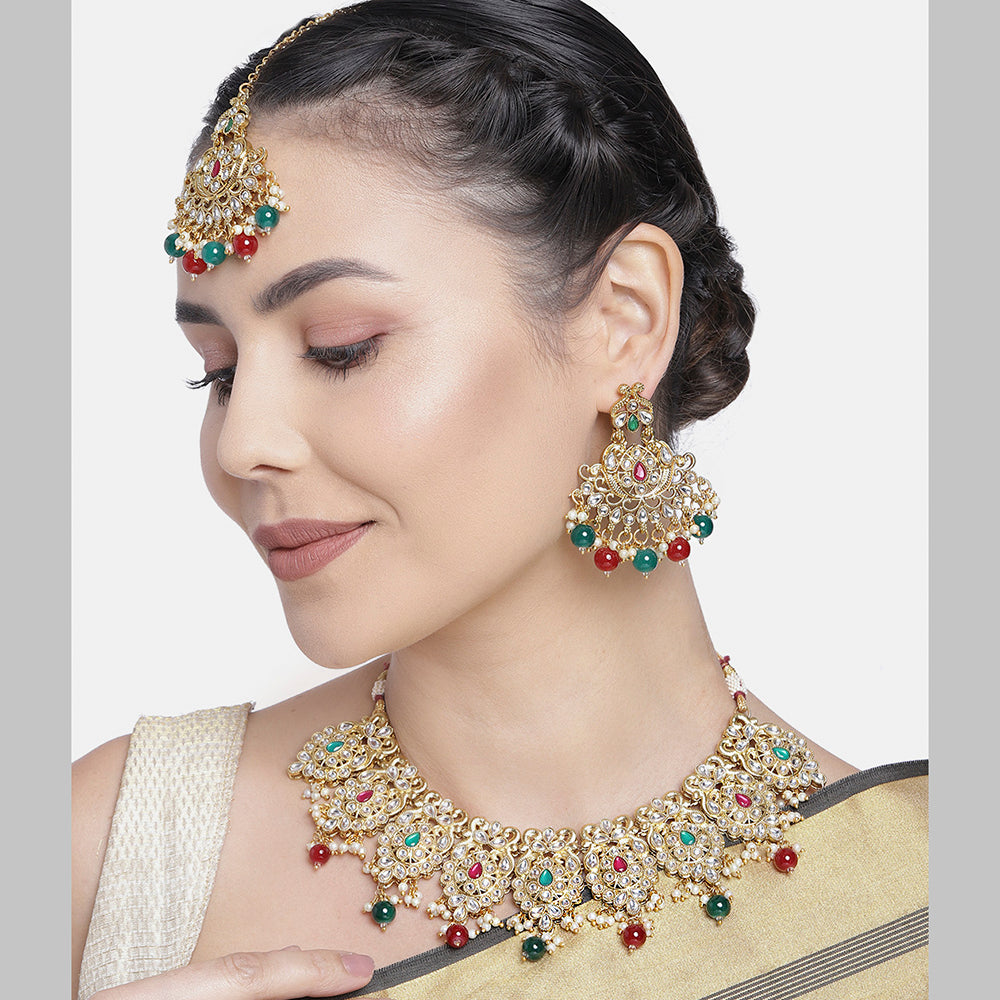 Kord Store Fashionable Gold plated Kundan and Beads Necklace Set For Girls and Women