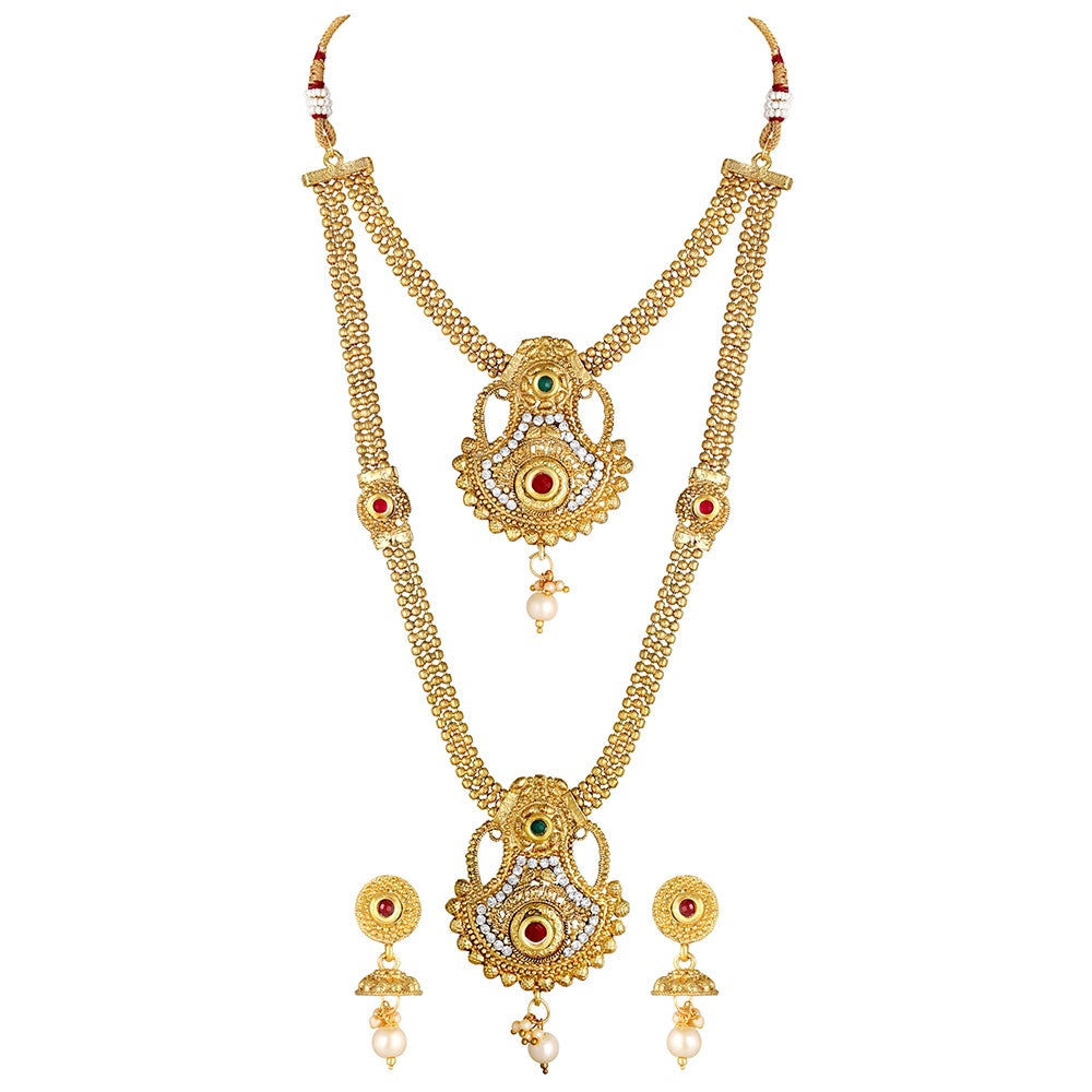Kord Store Dual Gold Brass Necklace Jewellery Set With A Pair Of Beautiful Earrings For Women  - KSNKESUK12