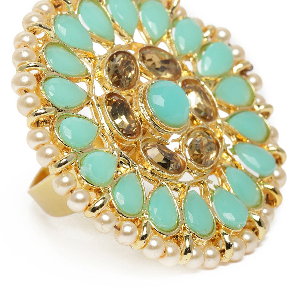 Kord Store Traditional Round Shape Alloy Gold Plated Kundan Adjustable Finger Ring For Women & Girls  - KSRIN10002