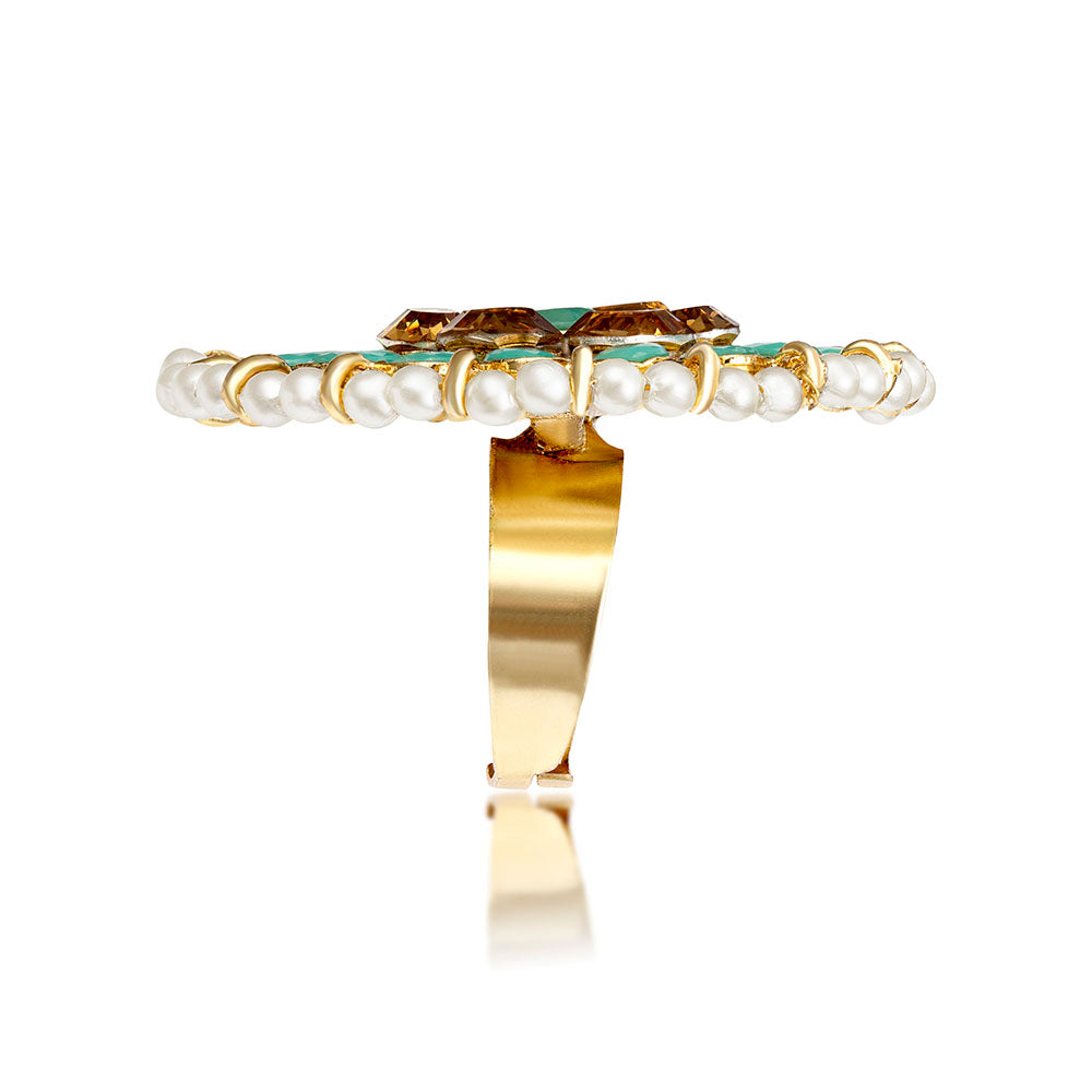 Kord Store Traditional Round Shape Alloy Gold Plated Kundan Adjustable Finger Ring For Women & Girls  - KSRIN10002