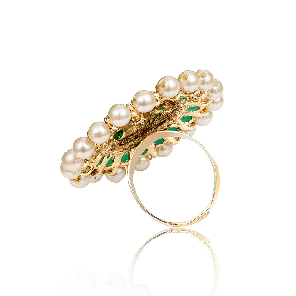 Kord Store Traditional Round Shape Alloy Gold Plated Kundan Adjustable Finger Ring For Women & Girls  - KSRIN10002