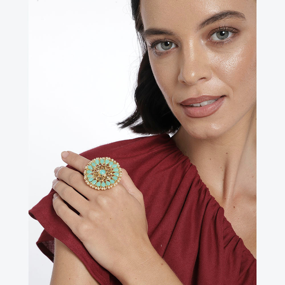 Kord Store Traditional Round Shape Alloy Gold Plated Kundan Adjustable Finger Ring For Women & Girls  - KSRIN10002