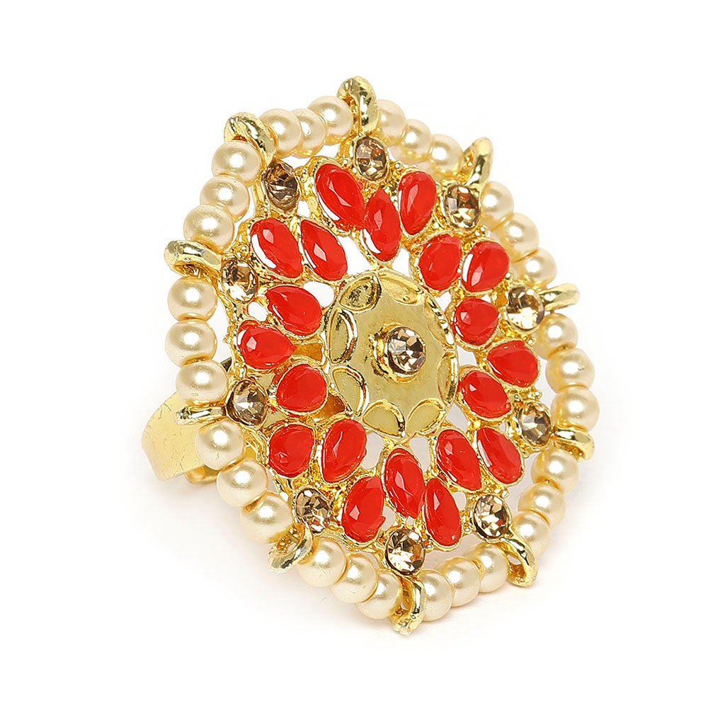Kord Store Traditional Round Shape Alloy Gold Plated Kundan Adjustable Finger Ring For Women & Girls  - KSRIN10003