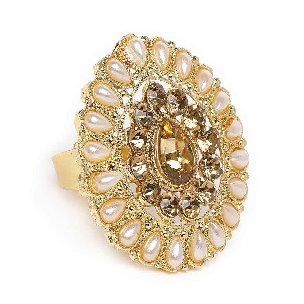 Kord Store Traditional Paan Shape Alloy Gold Plated LCT Stone Adjustable Finger Ring For Women & Girls  - KSRIN10007
