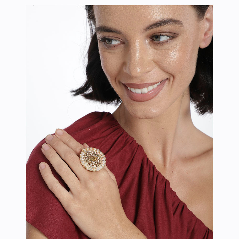 Kord Store Traditional Paan Shape Alloy Gold Plated LCT Stone Adjustable Finger Ring For Women & Girls  - KSRIN10007