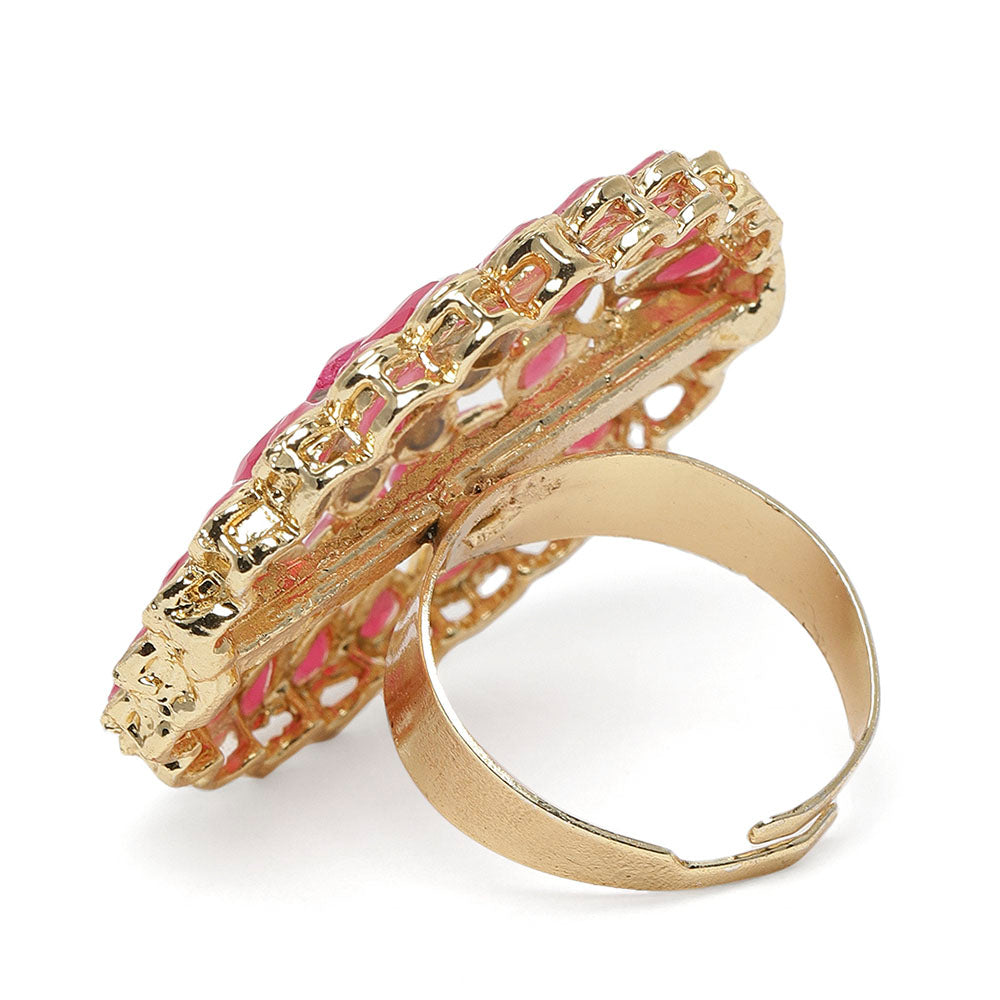 Kord Store Traditional Round Shape Alloy Gold Plated Kundan Adjustable Finger Ring For Women & Girls  - KSRIN10008