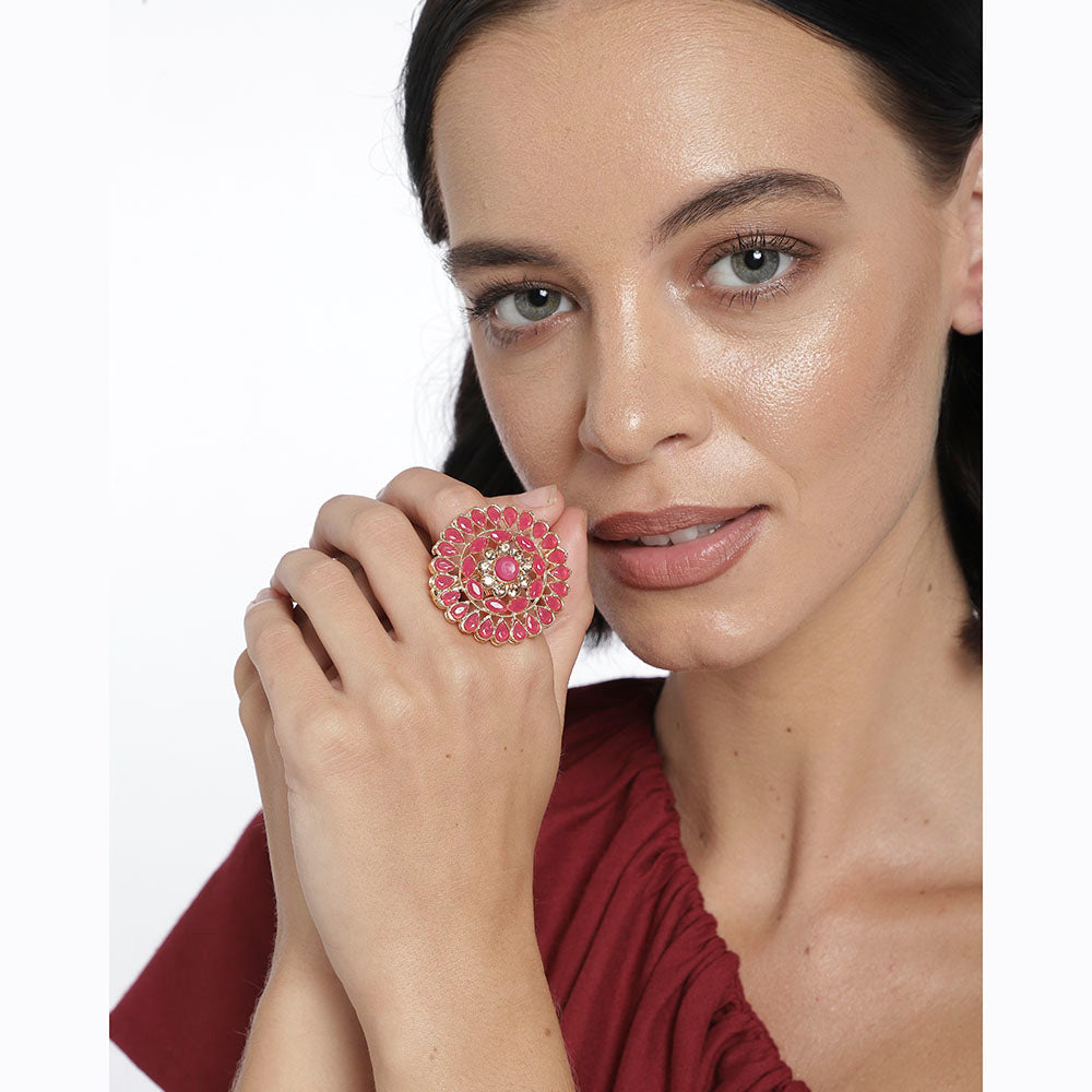 Kord Store Traditional Round Shape Alloy Gold Plated Kundan Adjustable Finger Ring For Women & Girls  - KSRIN10008