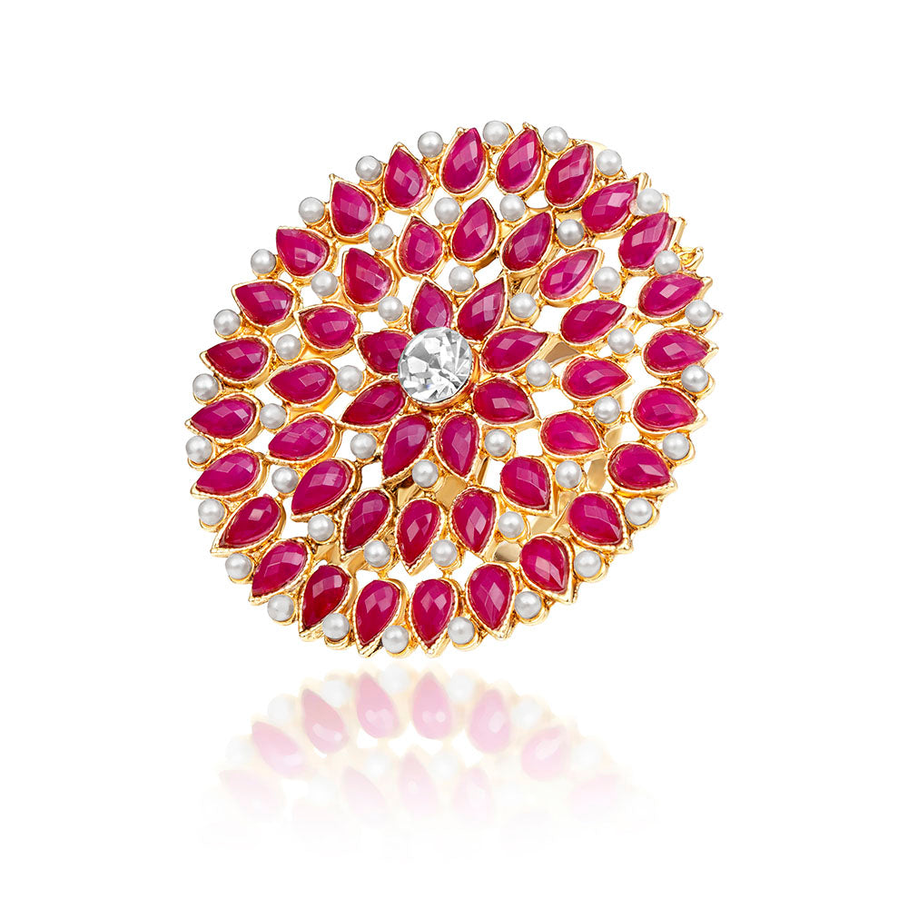 Kord Store Traditional Round Shape Alloy Gold Plated Kundan Adjustable Finger Ring For Women & Girls  - KSRIN10010