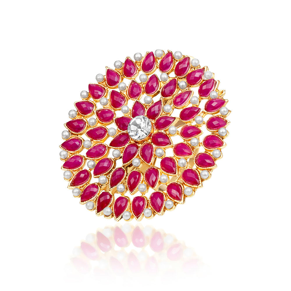 Kord Store Traditional Round Shape Alloy Gold Plated Kundan Adjustable Finger Ring For Women & Girls  - KSRIN10010
