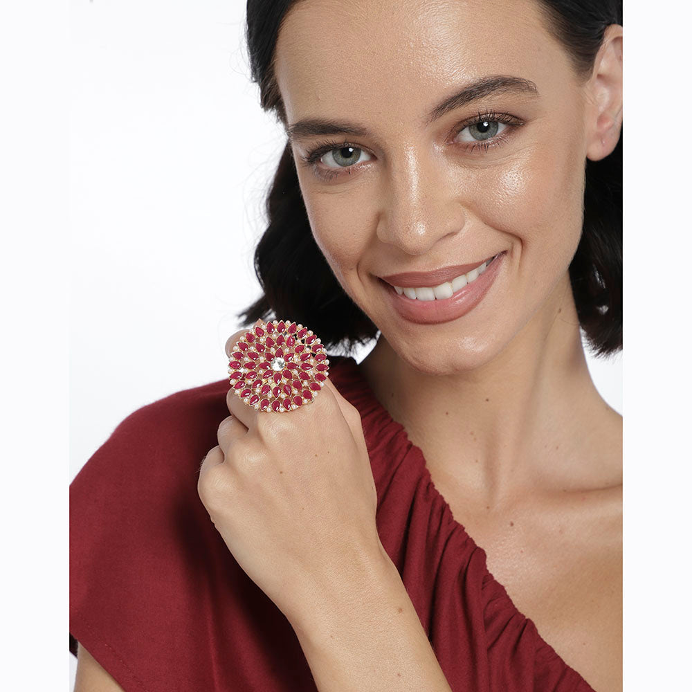 Kord Store Traditional Round Shape Alloy Gold Plated Kundan Adjustable Finger Ring For Women & Girls  - KSRIN10010