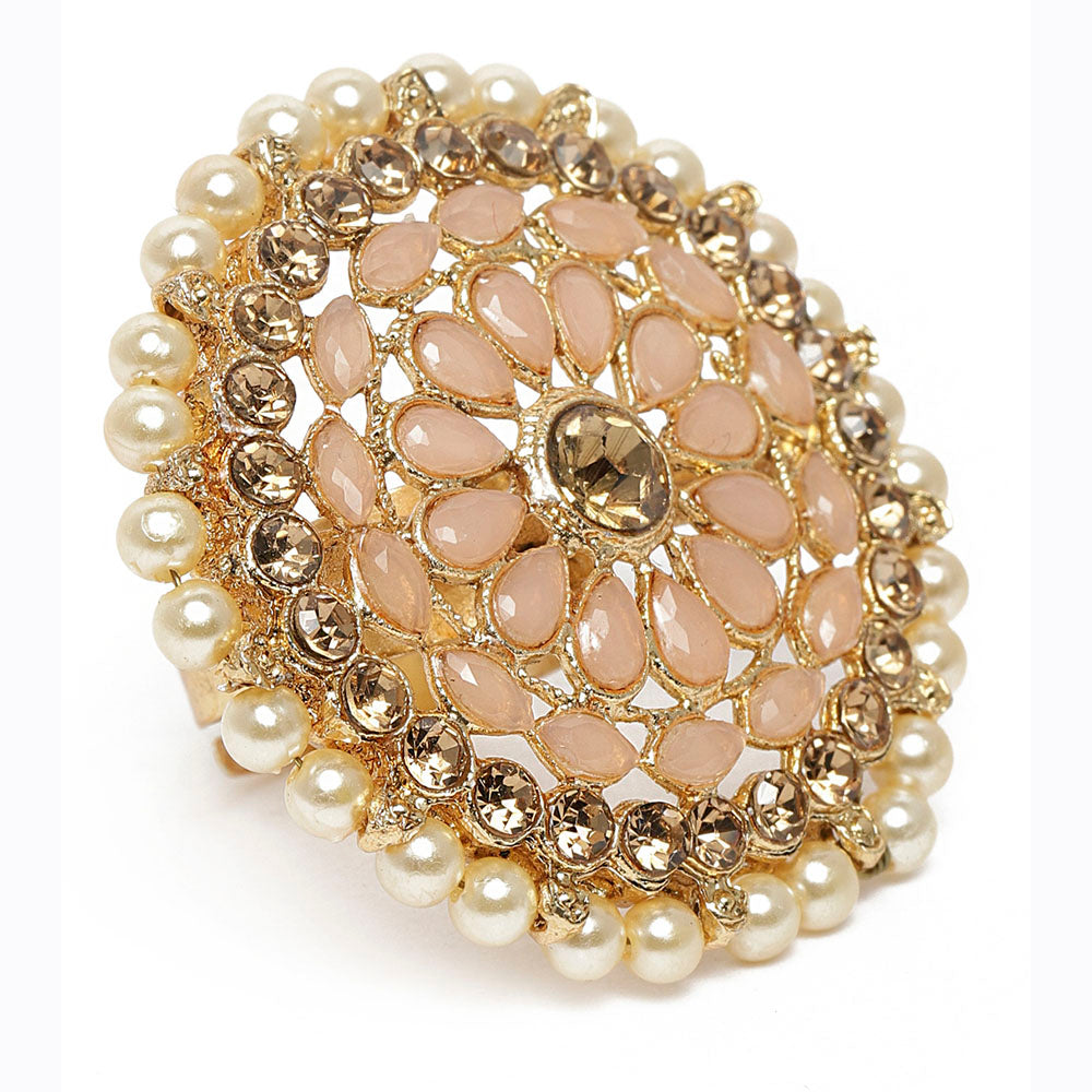 Kord Store Traditional Round Shape Alloy Gold Plated Kundan Adjustable Finger Ring For Women & Girls  - KSRIN10011