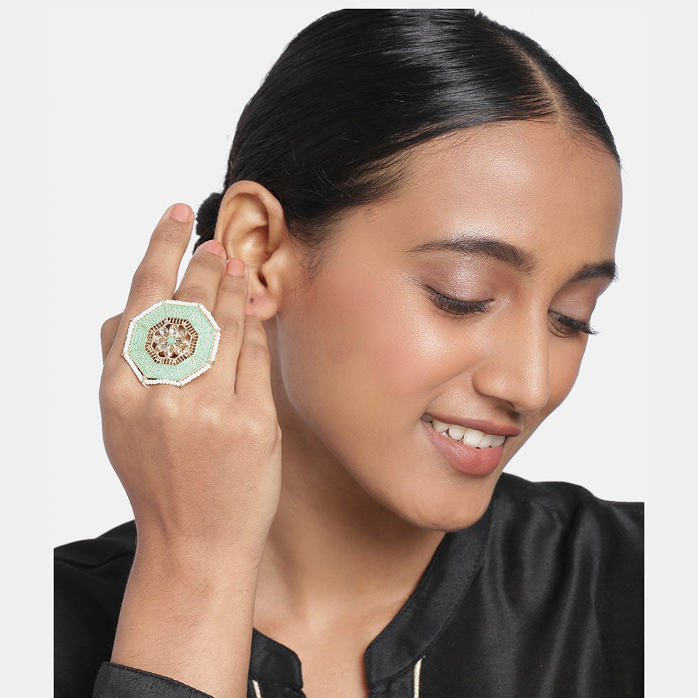 Kord Store Gold Finished Mint Green Minakari Adjustable Delicate Design Finger Ring Set For Women And Girl  - KSRIN10013