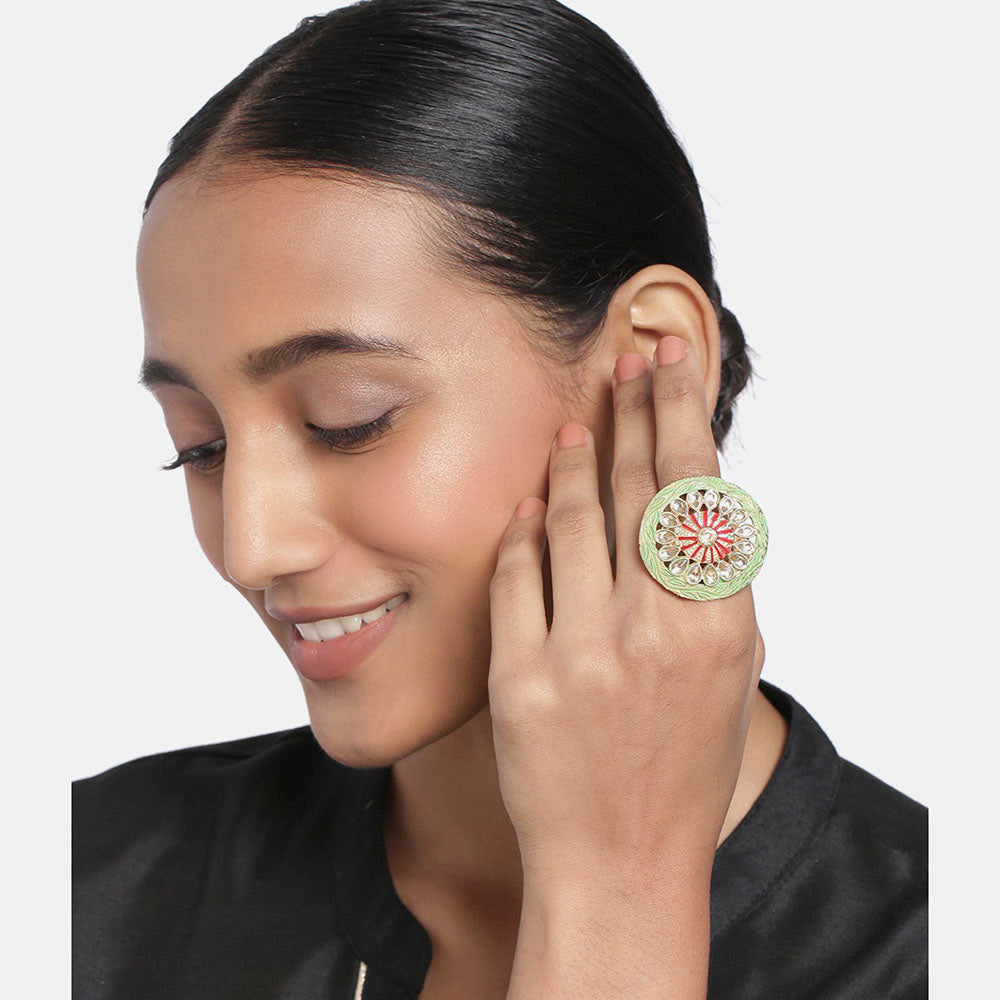 Kord Store Gold Finished Mint Green Minakari Adjustable Delicate Design Finger Ring Set For Women And Girl  - KSRIN10015