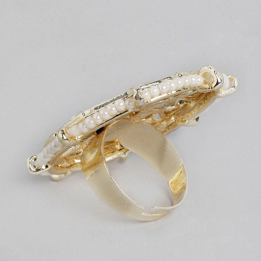 Kord Store Traditional Gold Plated Round Shape White Stone Adjustable Finger Ring For Girls and Women  - KSRIN10016