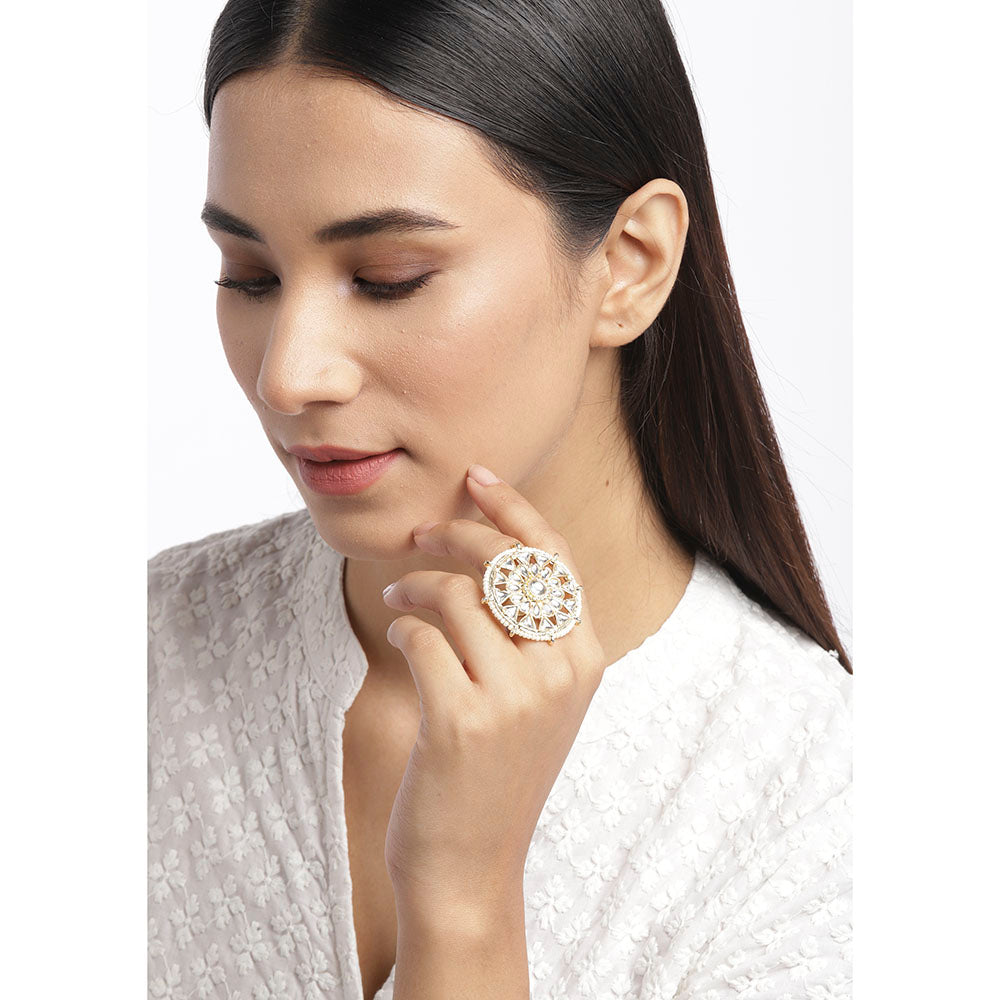 Kord Store Traditional Gold Plated Round Shape White Stone Adjustable Finger Ring For Girls and Women  - KSRIN10016