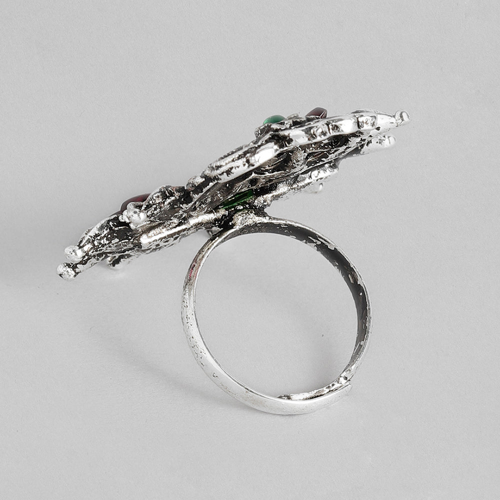 Kord Store Beautiful Antique Adjustable Silver Floral Oxidised Plated Finger Ring For Girls and Women