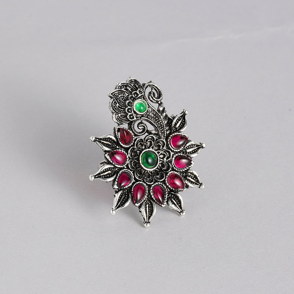 Kord Store Beautiful Antique Adjustable Silver Floral Oxidised Plated Finger Ring For Girls and Women