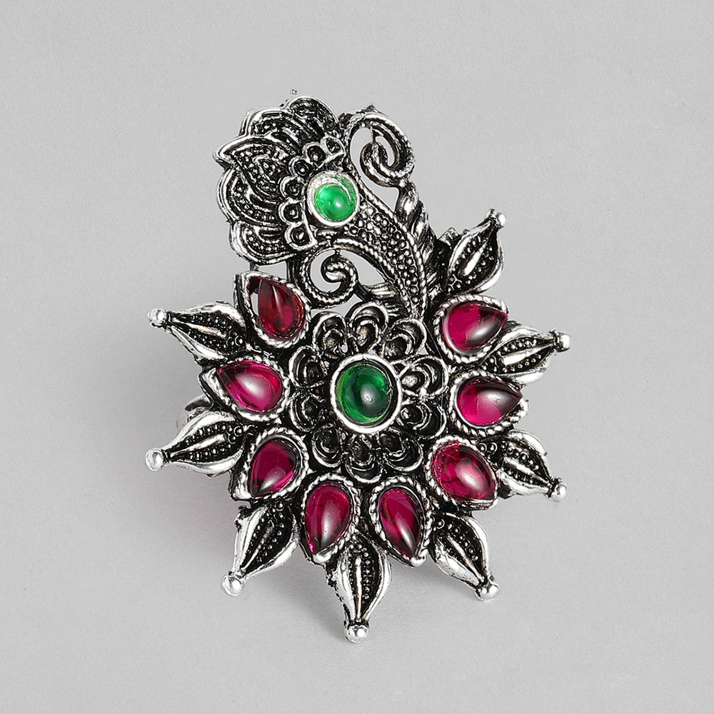 Kord Store Beautiful Antique Adjustable Silver Floral Oxidised Plated Finger Ring For Girls and Women