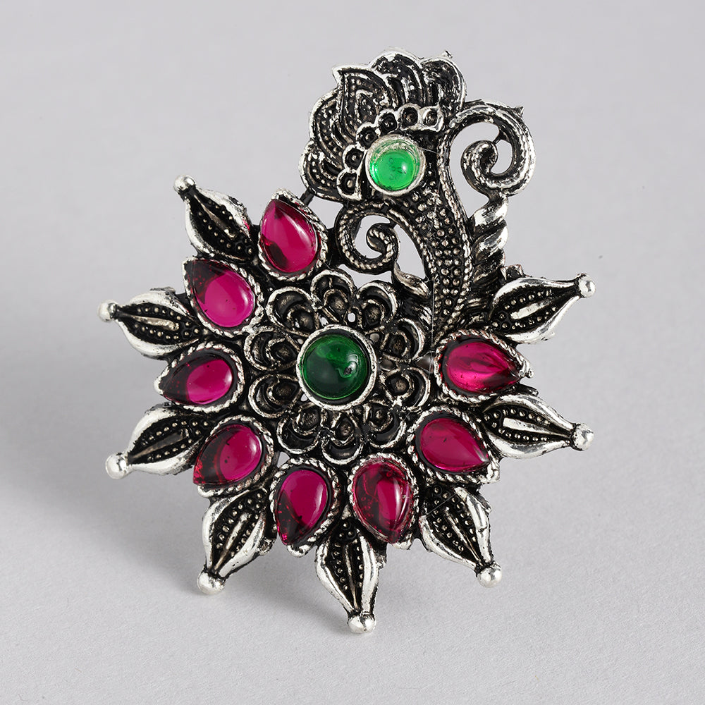Kord Store Beautiful Antique Adjustable Silver Floral Oxidised Plated Finger Ring For Girls and Women