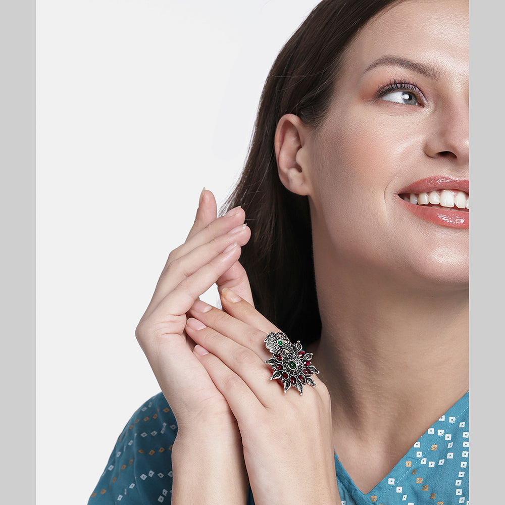 Kord Store Beautiful Antique Adjustable Silver Floral Oxidised Plated Finger Ring For Girls and Women