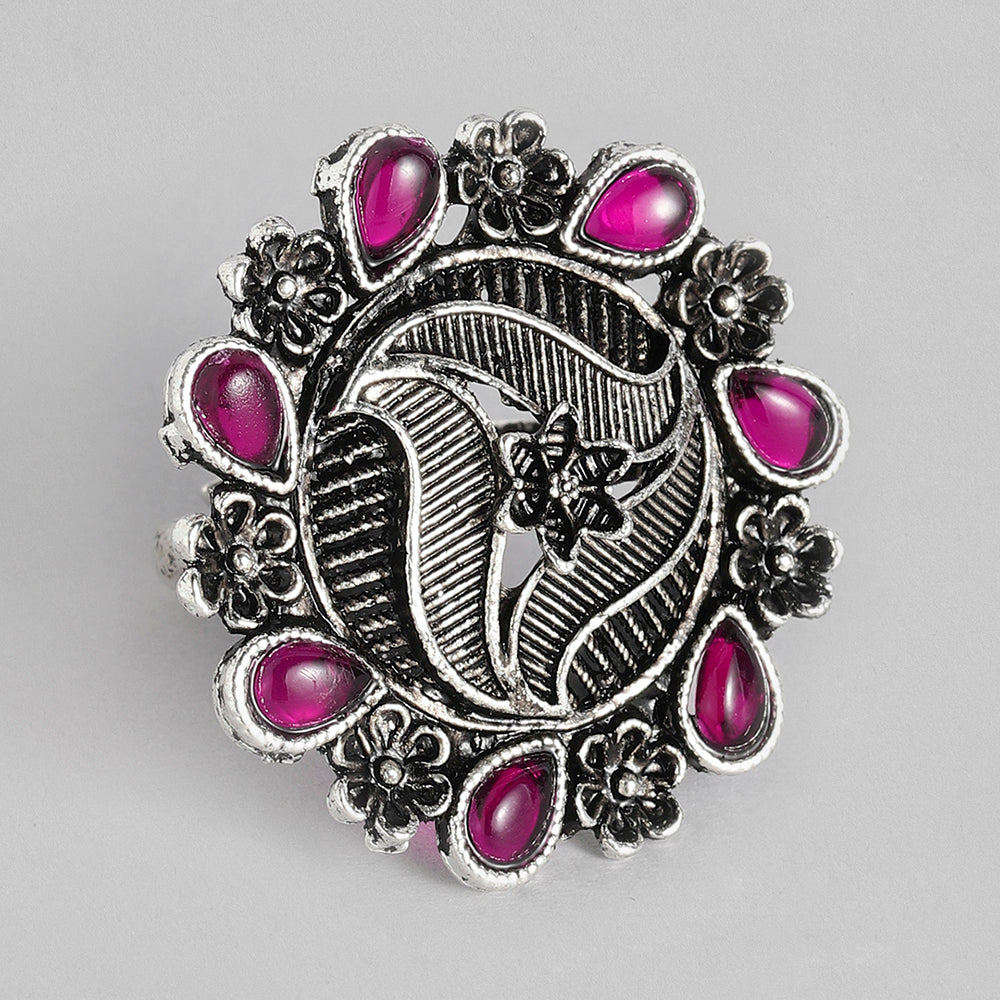Kord Store Beautiful   Silver Oxidised Plated Adjustable Floral Finger Ring For Girls and Women