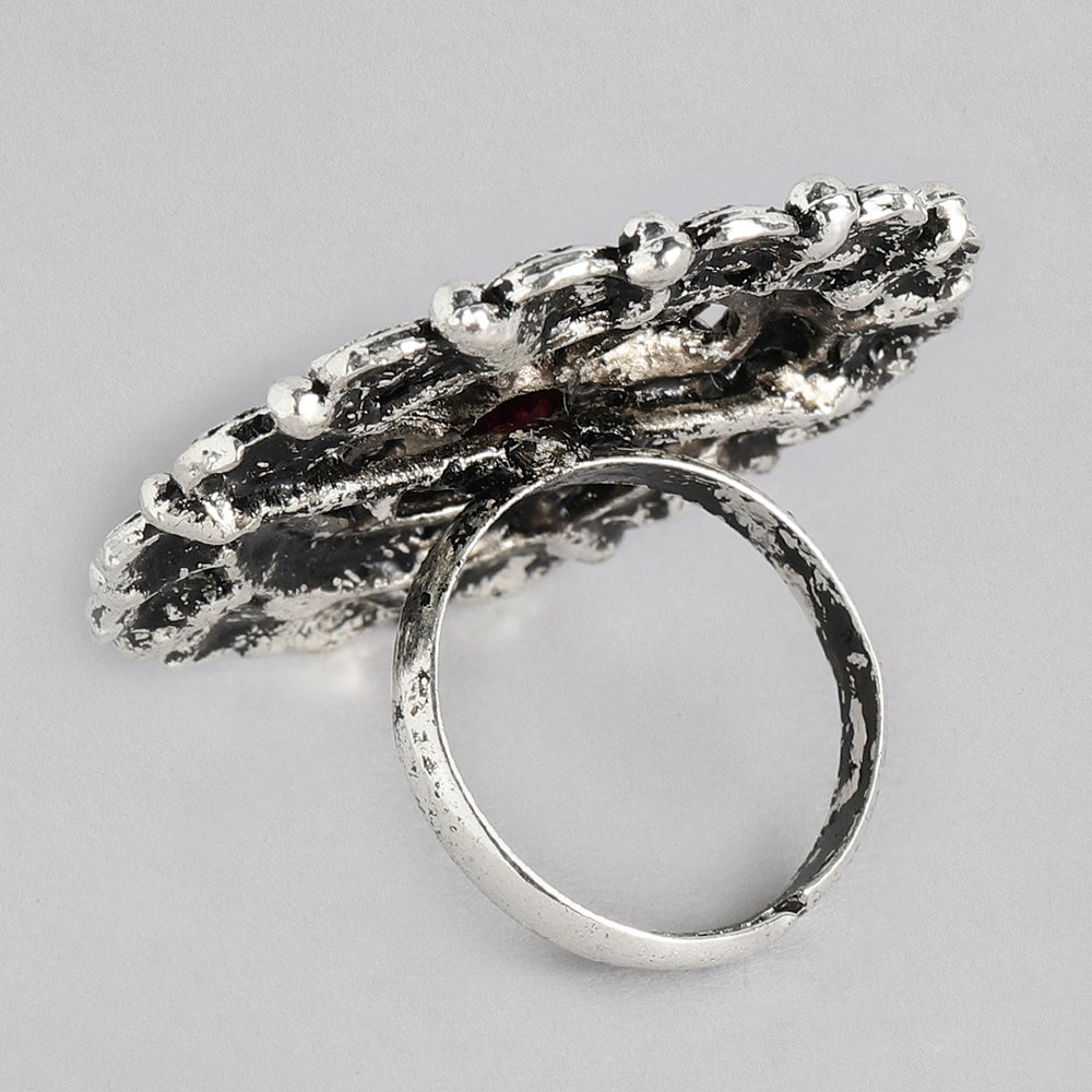 Kord Store Gorgeous Adjustable Silver Oxidised Plated Round Finger Ring For Girls and Women