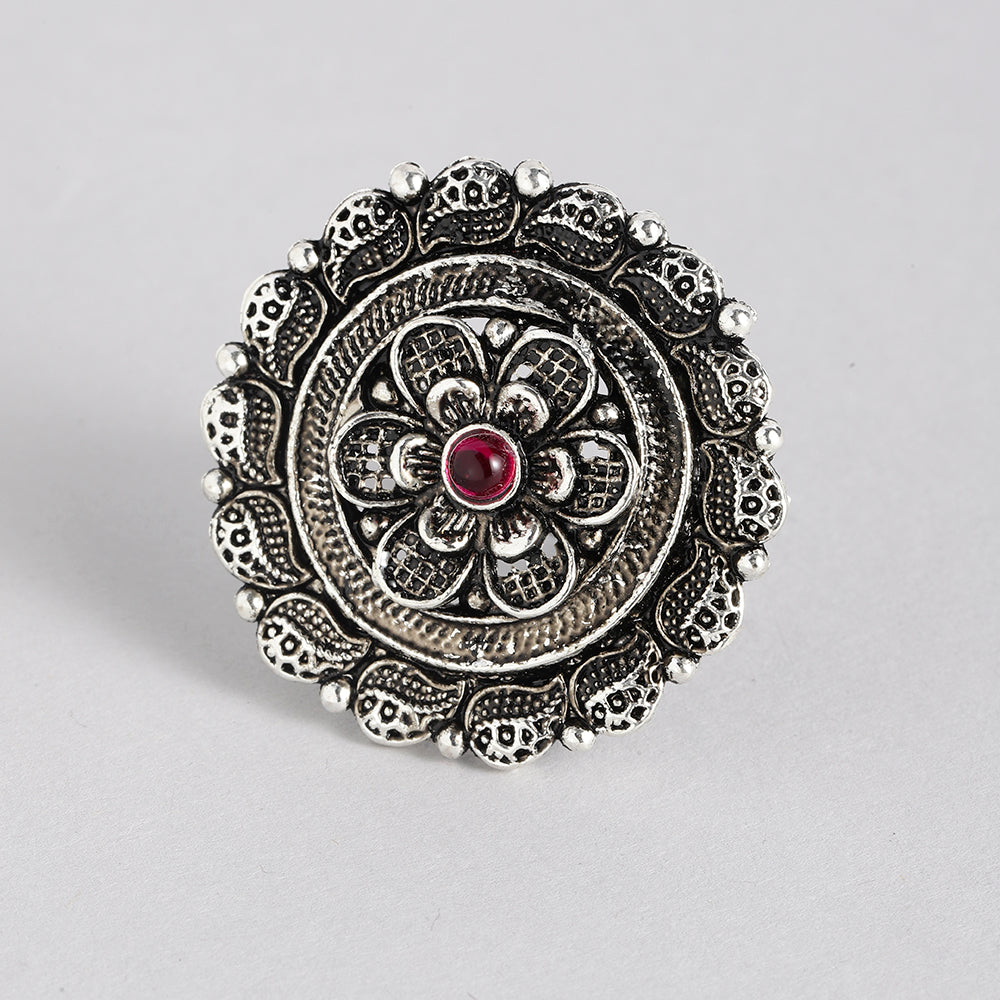 Kord Store Gorgeous Adjustable Silver Oxidised Plated Round Finger Ring For Girls and Women