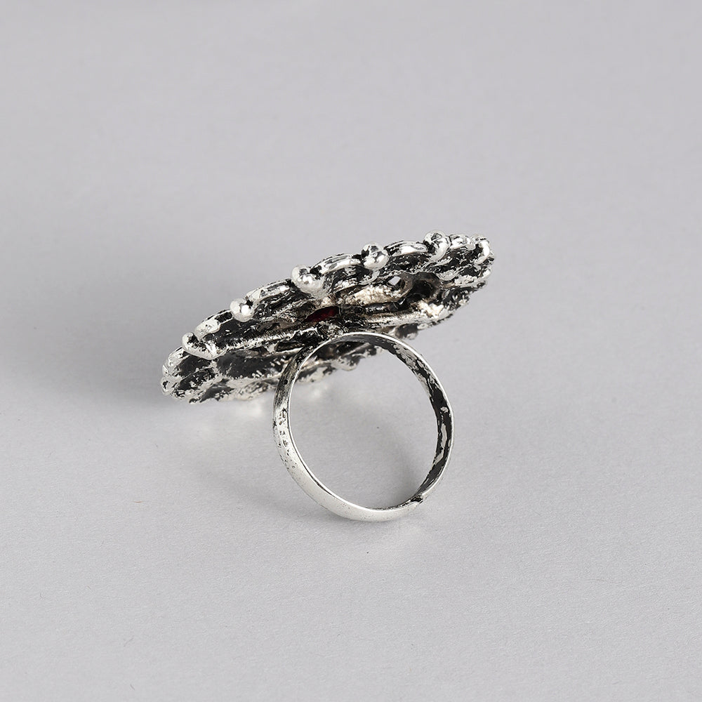 Kord Store Gorgeous Adjustable Silver Oxidised Plated Round Finger Ring For Girls and Women