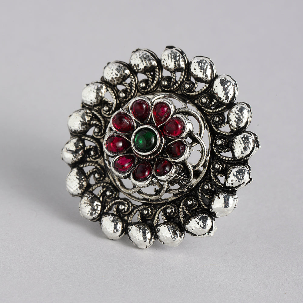 Kord Store Fashionable Adjustable Silver Oxidised Plated Round Finger Ring For Girls and Women