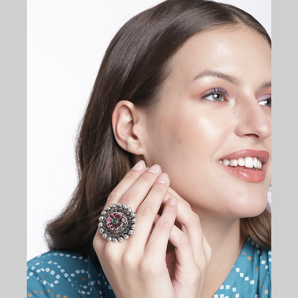 Kord Store Fashionable Adjustable Silver Oxidised Plated Round Finger Ring For Girls and Women
