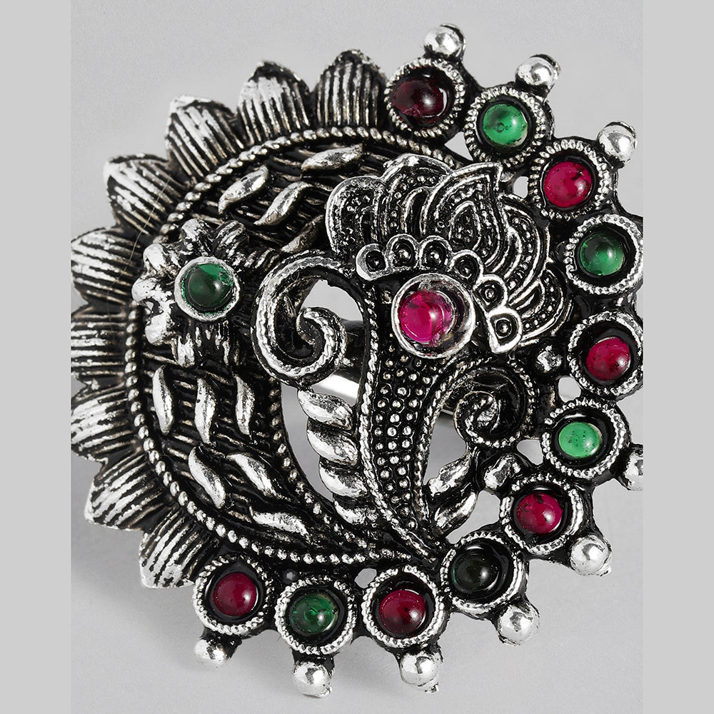 Kord Store Antique Adjustable Silver Oxidised Plated Floral Finger Ring For Girls and Women