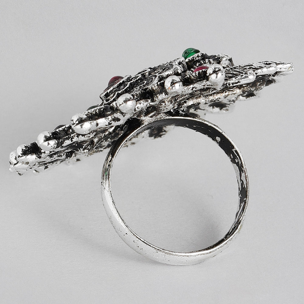 Kord Store Antique Adjustable Silver Oxidised Plated Floral Finger Ring For Girls and Women
