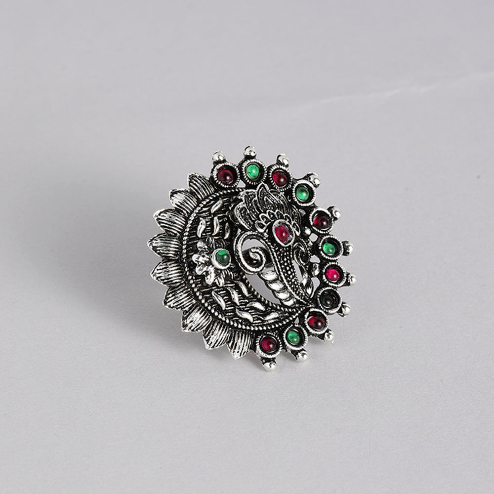 Kord Store Antique Adjustable Silver Oxidised Plated Floral Finger Ring For Girls and Women