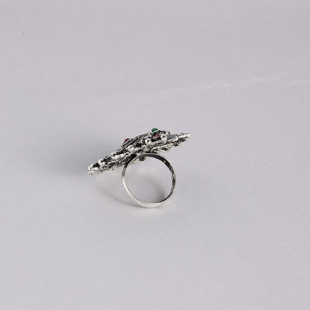 Kord Store Antique Adjustable Silver Oxidised Plated Floral Finger Ring For Girls and Women