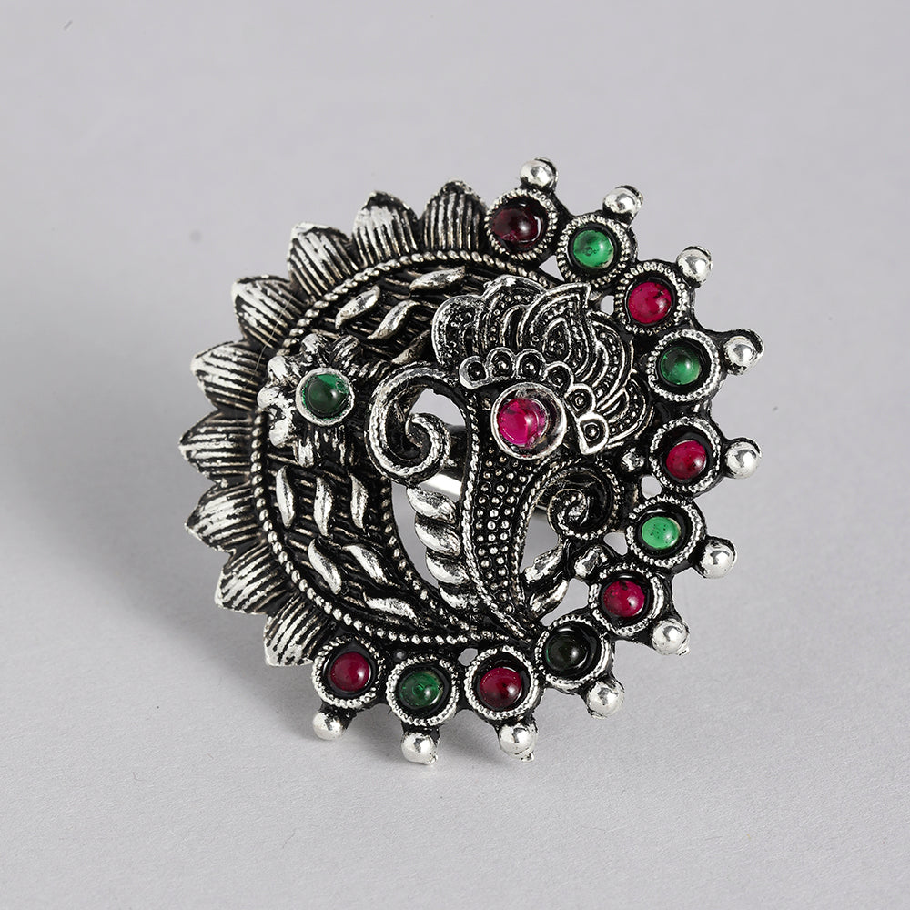 Kord Store Antique Adjustable Silver Oxidised Plated Floral Finger Ring For Girls and Women