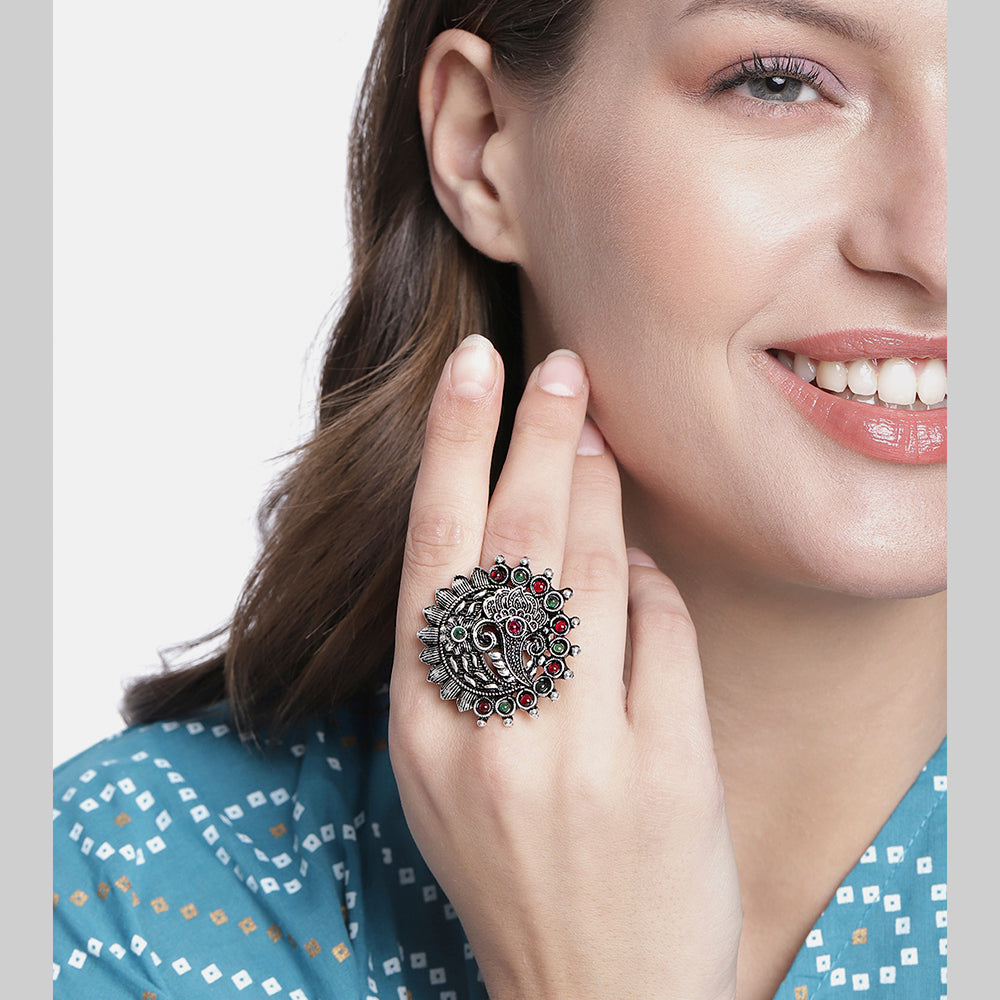 Kord Store Antique Adjustable Silver Oxidised Plated Floral Finger Ring For Girls and Women