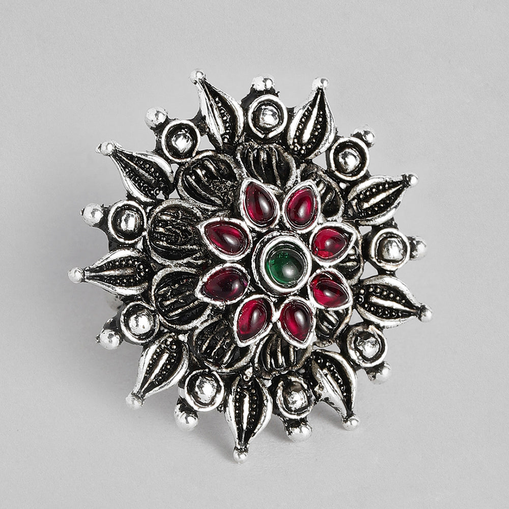 Kord Store Beautiful Antique Adjustable Silver Oxidised Plated Floral Finger Ring For Girls and Women