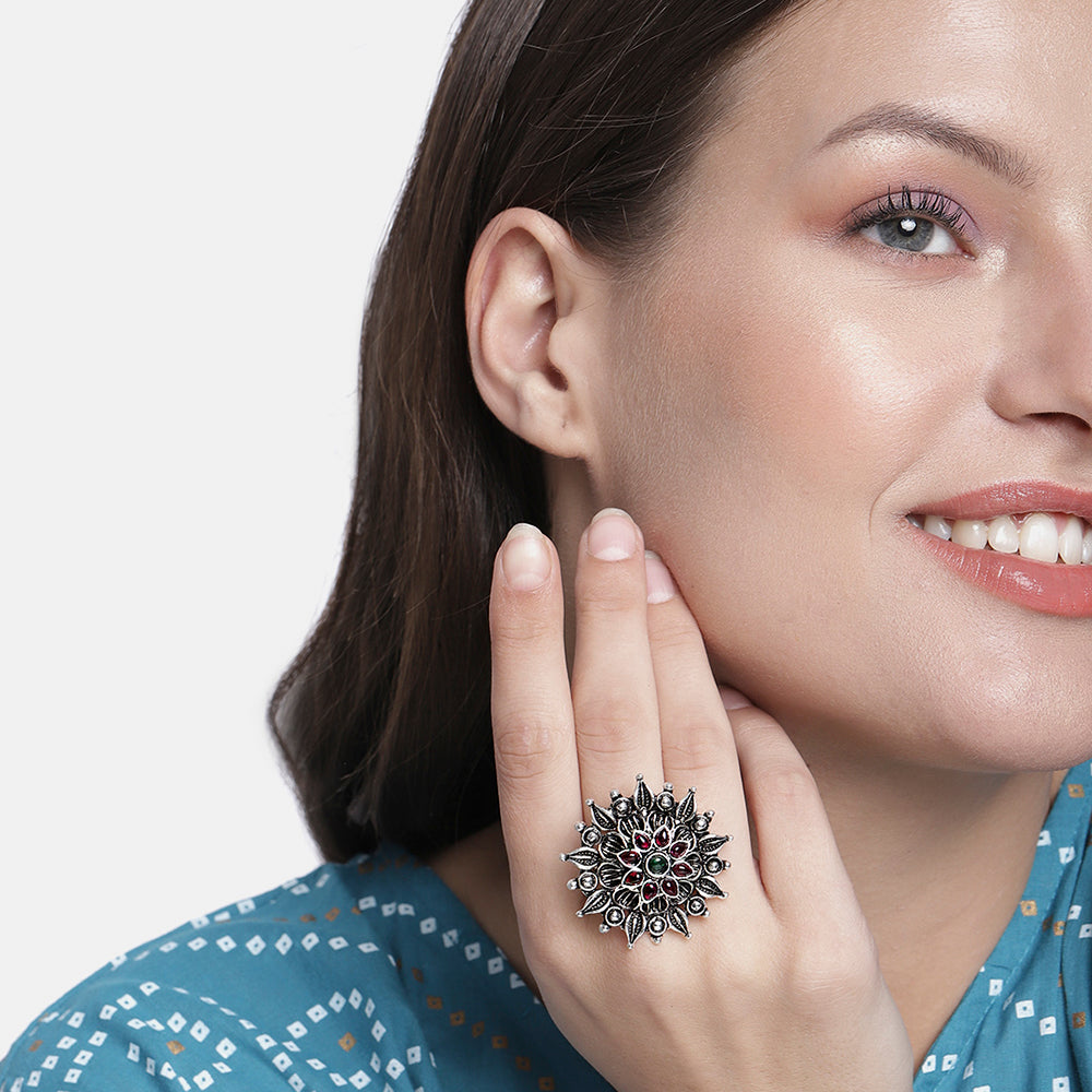 Kord Store Beautiful Antique Adjustable Silver Oxidised Plated Floral Finger Ring For Girls and Women