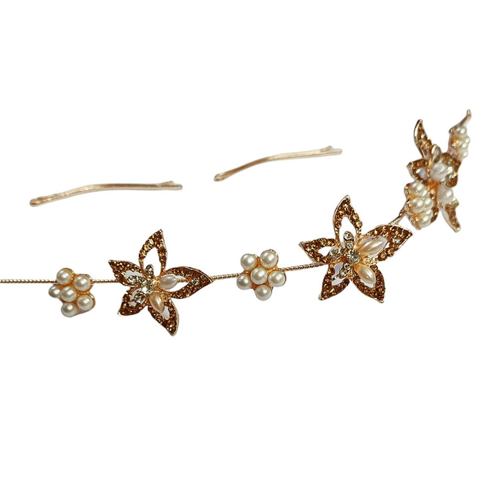 Kord Store Dazzling Rose Gold Plated Pearl and Flower Design Bridal Hair/Head Band Tiara For Girls and Women  - KSTRA11000