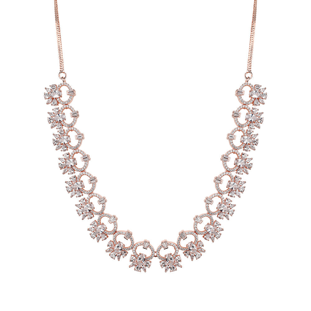 Kord Store Hand Crafted White Premium American Diamonds Rose Gold Plated Necklace Set For Women