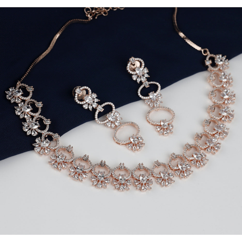 Kord Store Hand Crafted White Premium American Diamonds Rose Gold Plated Necklace Set For Women